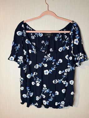 Karen Kane Navy Embroidered Floral Short Flutter Sleeve Peasant Blouse 1X